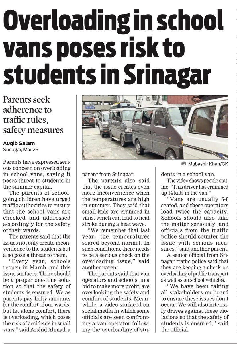 The situation with school vans in Srinagar has spiraled into a maddening, never-ending cycle of negligence, finger-pointing, and half-hearted fixes. Every March, as schools reopen, the same grim story unfolds: vans packed to the brim with students, far beyond their capacity—some