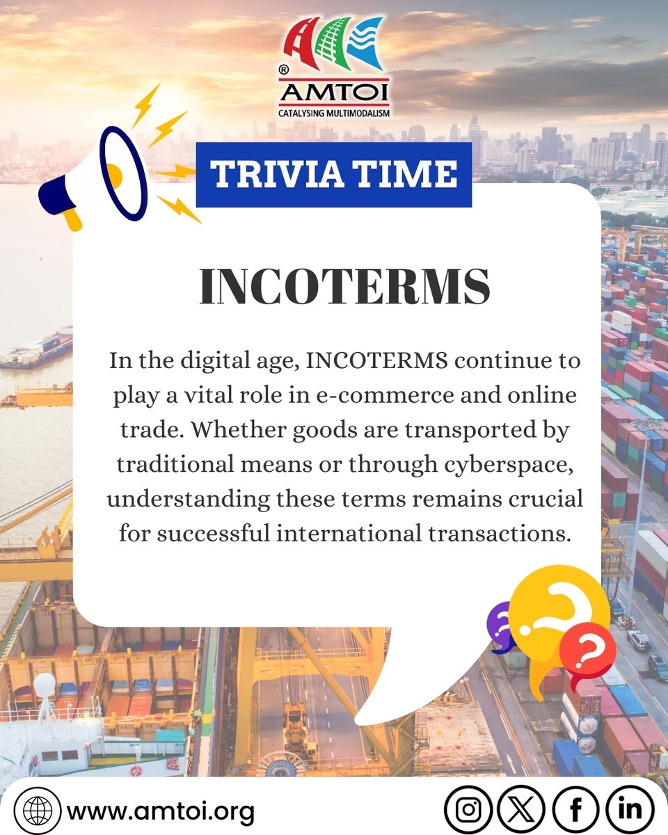 amtoi_official's tweet image. 📢AMTOI Trivia: INCOTERMS – The Backbone of Global Trade! 🌍🚢

Whether shipping by land, sea, or air—or even through e-commerce—INCOTERMS provide clarity in international trade. 

#AMTOI #LogisticsTrivia #INCOTERMS #GlobalTrade #ShippingSimplified #Ecommerce