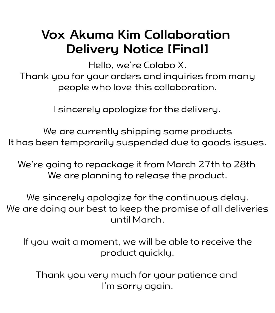 collabo_x's tweet image. [최종공지]

안녕하세요. 콜라보엑스입니다.
이번 콜라보를 사랑해주시는 많은 분들의 주문과 문의에 감사드립니다.

배송 관련 사항에 대해 진심으로 죄송하다는 말씀 드립니다.

현재 일부 제품 출고를 진행하고 있으며

굿즈문제로 인해 잠시 중단되었습니다.

현재 재포장을 실시하여 3월…