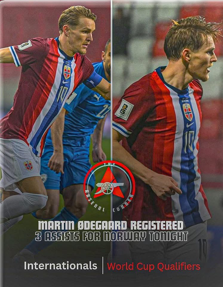 Arsenalcorner__'s tweet image. 🇳🇴| Martin Ødegaard played 89 minutes and registered 3 𝘼𝙎𝙎𝙄𝙎𝙏𝙎 in Norways 4-2 win over Israel tonight.

#afc #odegaard