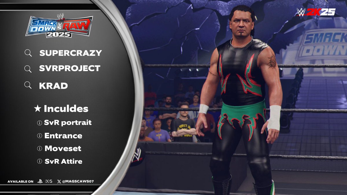 MAGSCAWS07's tweet photo. NEW! #WWE2K25 Upload 

⭑( SUPER CRAZY ) 

⭑ Search tag ➤ #SUPERCRAZY
⭑ Search tag ➤ #KRAD
⭑ Search tag ➤ #SVRPROJECT 

➪ Collaboration - @KRadiation 

⭑ INCLUDES
● Moveset,
● Entrance,
● SVR 07 Attire https://t.co/GMRtsBnfJb