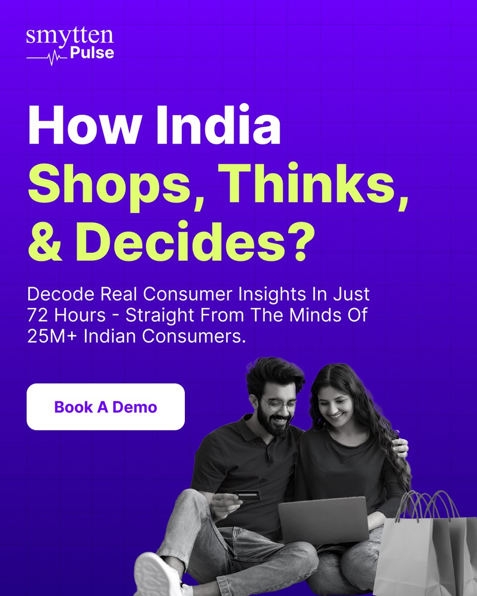 How does #India shop, think &amp; decide?

25M+ consumer voices. Insights in 72 hrs.

1500+ #brands are already doing it with #SmyttenPulse, launching smarter campaigns &amp; building better products.

Book a Demo👉 pulse.smytten.com

#ConsumerInsights #ConsumerResearch #Marketing