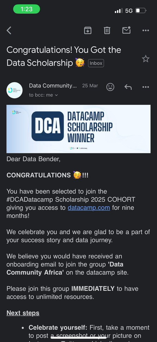 Readwayne17's tweet photo. “I just won the #DCADatacamp scholarship and I’m super excited to learn data skills and build my data career. Thanks to @datafestafrica and @datacampdonates. #DCDonates” https://t.co/SMdFBkpFMd