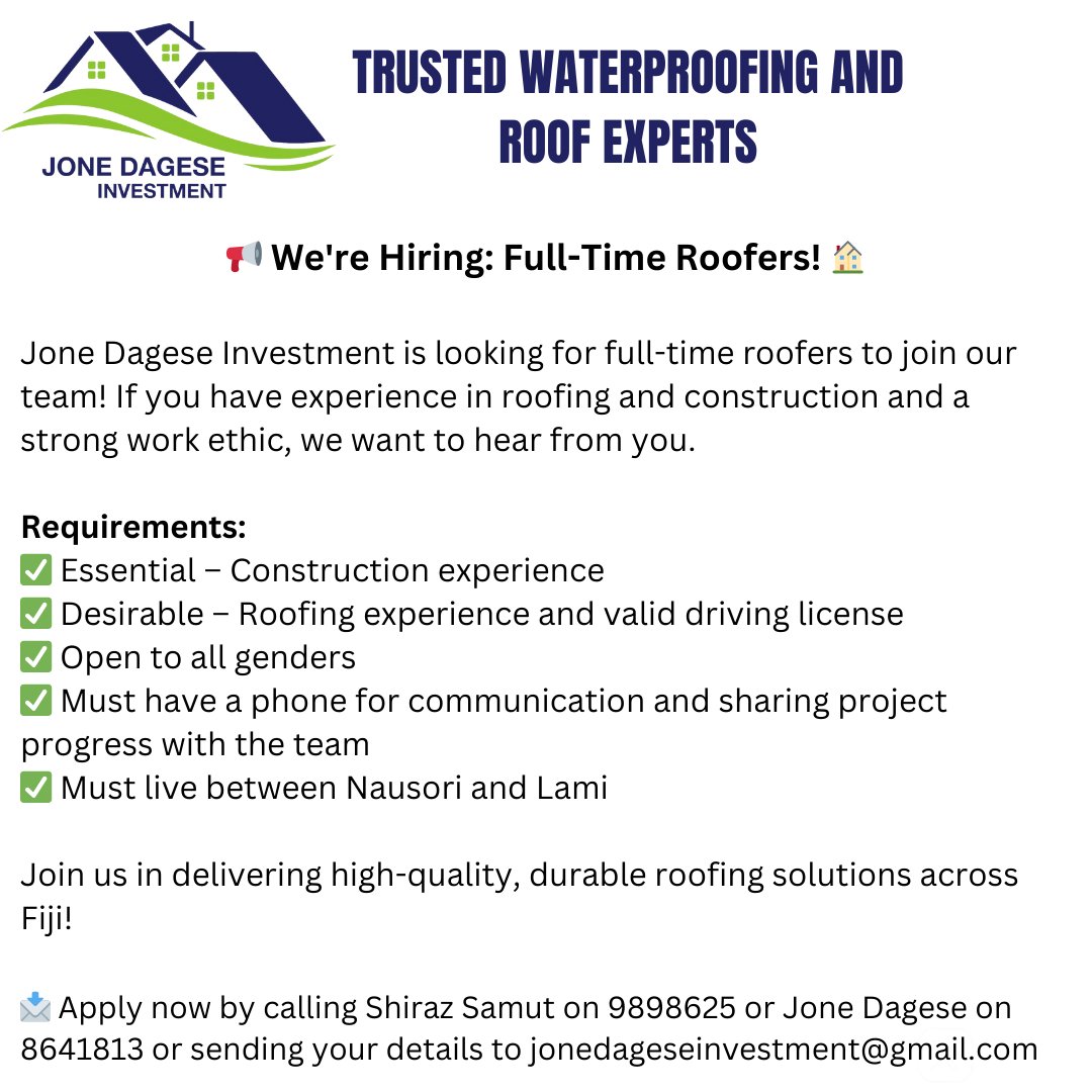 📢 We're Hiring: Full-Time Roofers! 🏠

Jone Dagese Investment is looking for full-time roofers to join our team! If you have experience in roofing and construction and a strong work ethic, we want to hear from you.