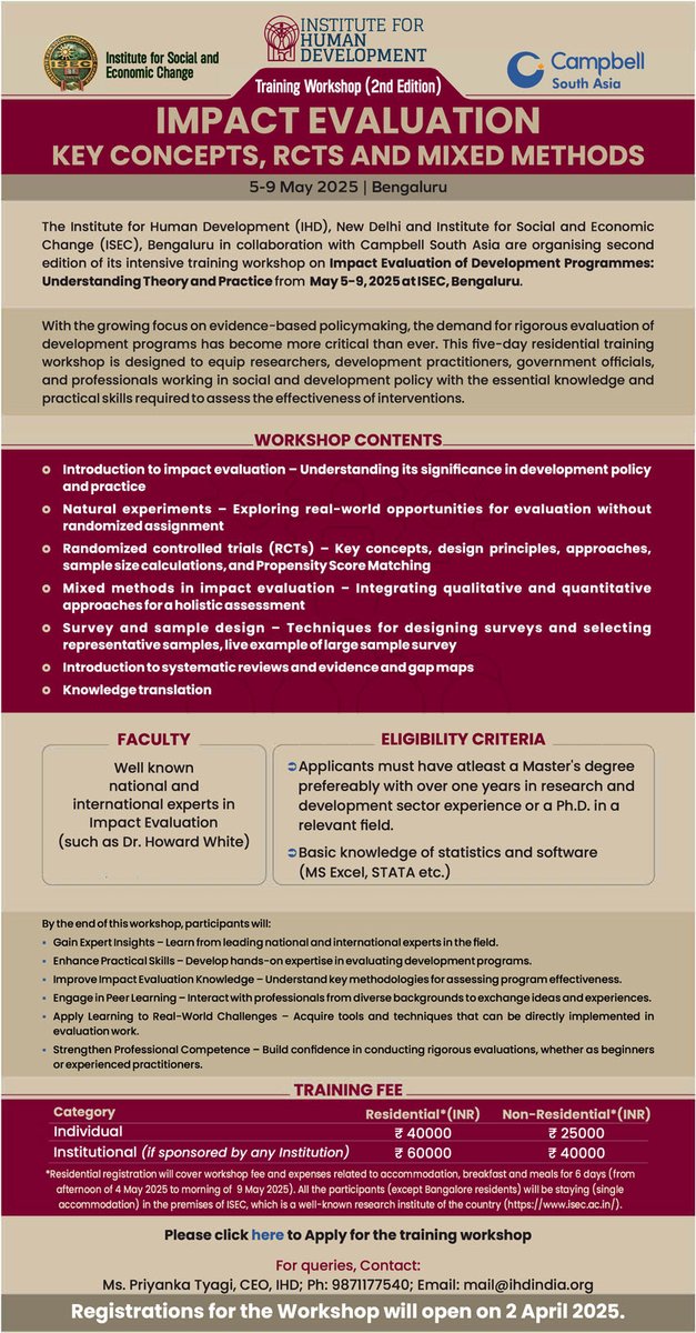 Campbell South Asia (@sasia_campbell) on Twitter photo We are excited to announce the 2nd edition of the Impact Evaluation Workshop jointly organized by <a href="/TweetIHD/">IHD</a>, <a href="/ISECBengaluru/">Institute for Social and Economic Change</a>, & Campbell South Asia
🗓️May 5-9, 2025
📍<a href="/ISECBengaluru/">Institute for Social and Economic Change</a>
🔗 Registrations open from April 2: docs.google.com/forms/d/e/1FAI…
#workshop #impactevaluation We are excited to announce the 2nd edition of the Impact Evaluation Workshop jointly organized by <a href="/TweetIHD/">IHD</a>, <a href="/ISECBengaluru/">Institute for Social and Economic Change</a>, & Campbell South Asia
🗓️May 5-9, 2025
📍<a href="/ISECBengaluru/">Institute for Social and Economic Change</a>
🔗 Registrations open from April 2: docs.google.com/forms/d/e/1FAI…
#workshop #impactevaluation