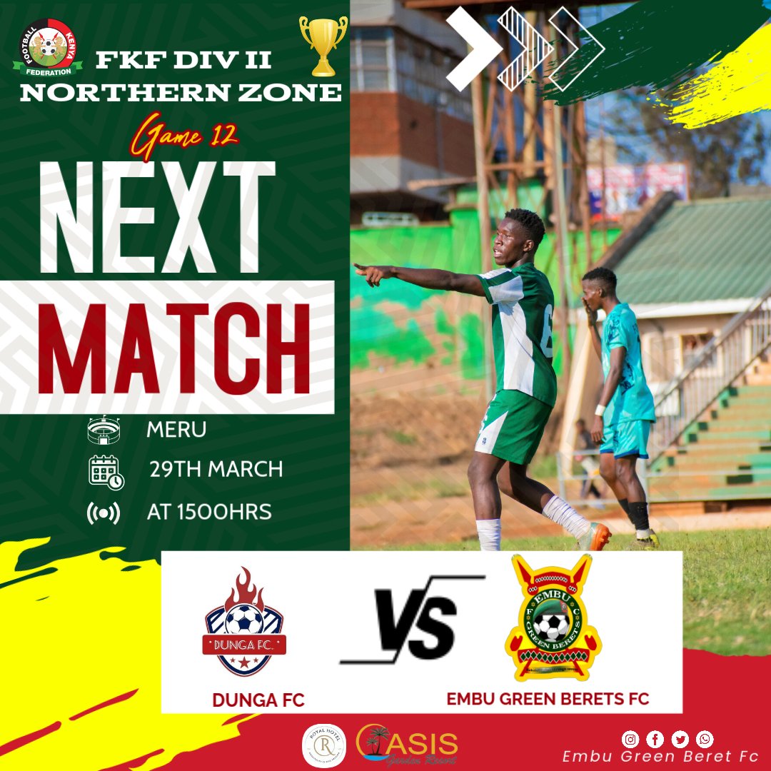 embugreenberets's tweet image. ⚽️ | NEXT MATCH 🚨 

🔥 Woza woza, wadau 🔥  

This weekend, all roads lead to Meru as we gear up for a showdown with Dunga FC ⚽🔥 It&apos;s the grand Mashemeji Derby, the ultimate clash, the moment we sign off this Month in style 🎉🏆  

What&apos;s your prediction? 🤔💪⚡