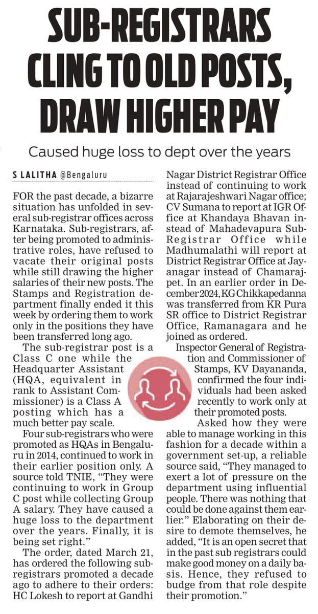 Lolita_TNIE's tweet image. Shocker! Four Sub Registrars in #Bengaluru Regn dist now ordered to work in the post they were promoted to 10 yrs ago. They drew the higher salary of A category post of Headquarter Assistant but kept working as Sub Registrars, C catg post @NewIndianXpress 
#crackdownoncorruption