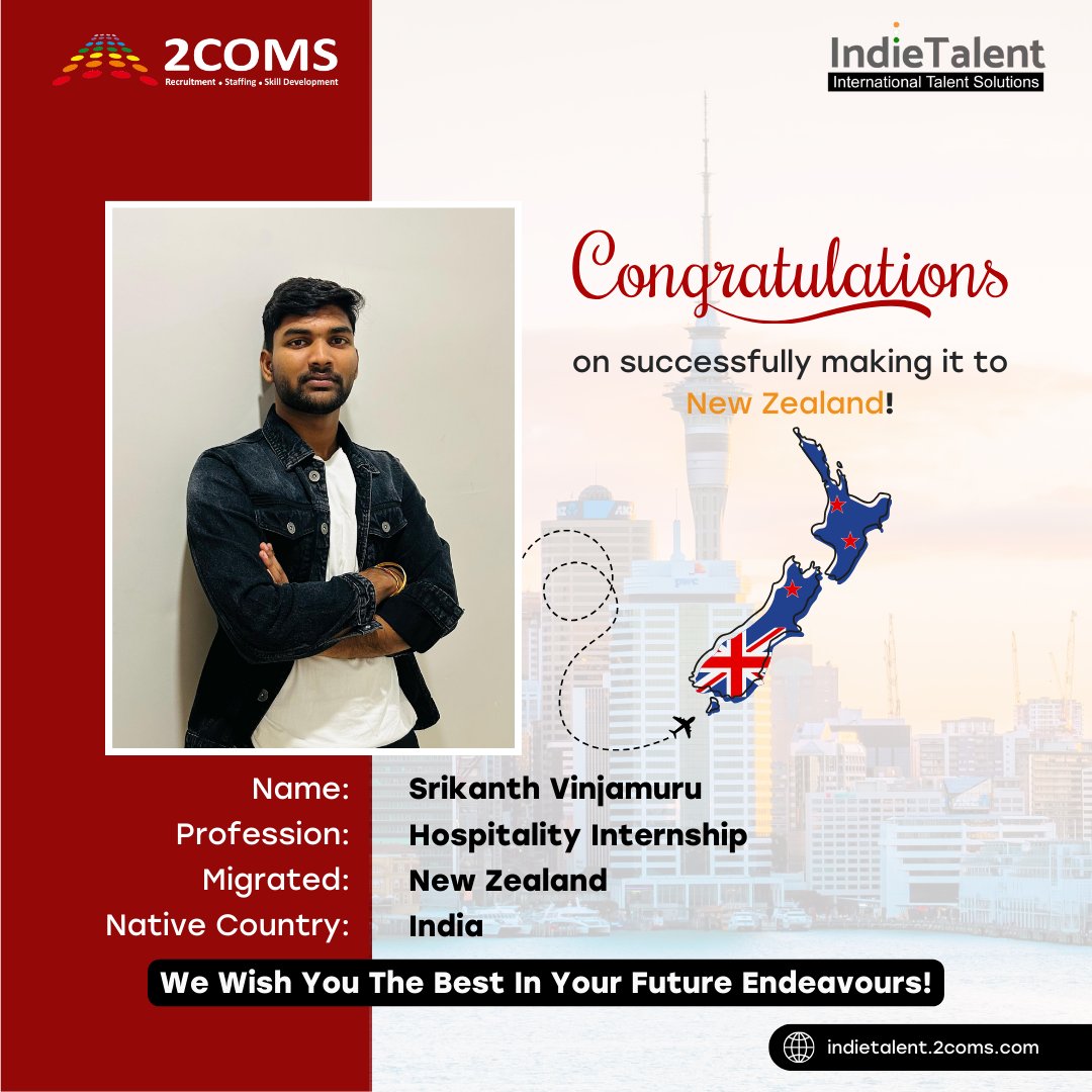 IndieTalent_'s tweet photo. Congrats, Srikanth Vinjamuru on your NZ hospitality internship! 🌟 Thrilled to support your global career journey.

🌍 Want to work abroad? Apply now: https://t.co/2hUOIwht8v

#IndieTalent #GlobalOpportunities #WorkInNZ #CareerSuccess https://t.co/xqw0M10NqD