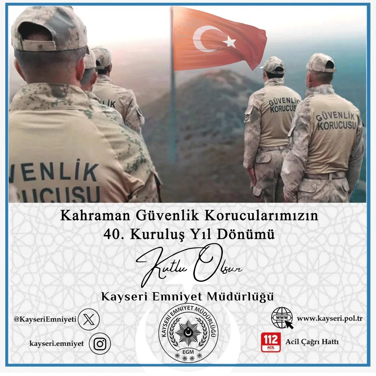 KayseriEmniyeti's tweet photo. Kahraman Güvenlik Korucularımızın 40. Kuruluş Yıl Dönümü Kutlu Olsun

@ayd_atanur https://t.co/jT1J0mHhmG
