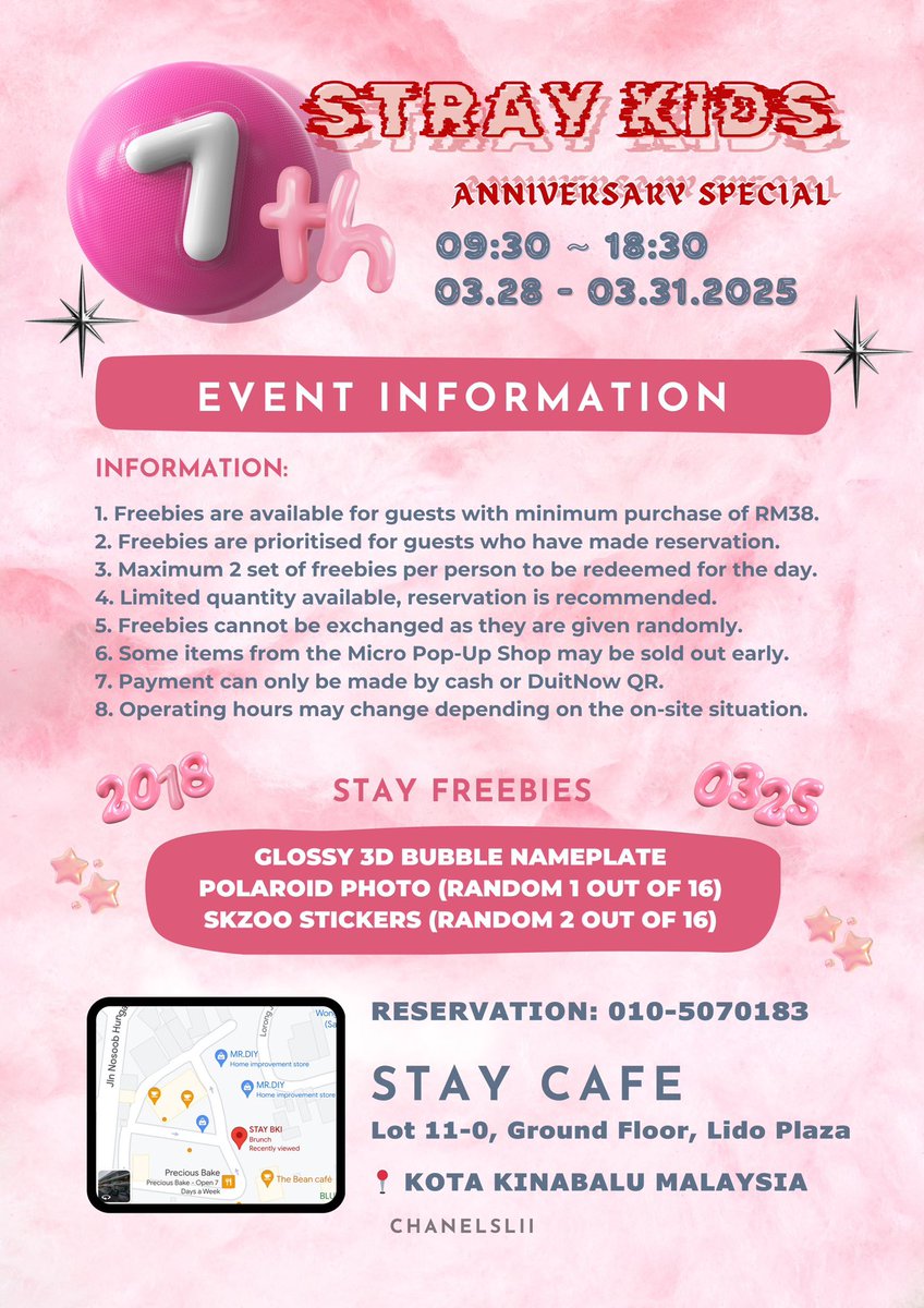 chanelslii's tweet photo. 🇲🇾 STAY CAFE’s Stray Kids 7th Anniversary Special ♥️

EVENT INFORMATION

Operating Hours:
3/28 FRI - 3/31 MON
9:30AM-18:30PM

📍STAY CAFE @ LIDO PLAZA
KOTA KINABALU MALAYSIA

#staycafe #straykids #skz #스트레이키즈 #YouMakeStrayKidsStay #stay #kpop #skzmy #kotakinabalu #malaysia https://t.co/c5zEX4gi9N