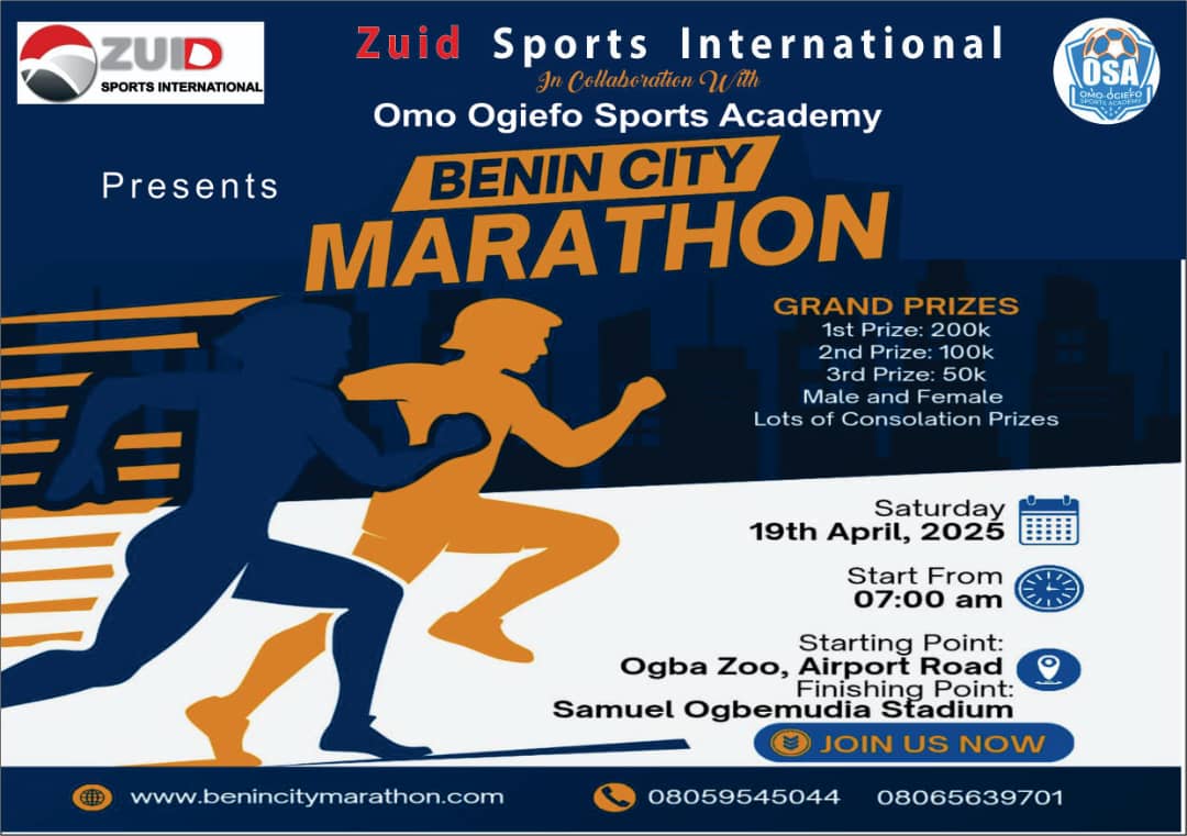 Anticipate the maiden edition of the BENIN CITY MARATHON... 🫴💪

Date: Saturday 19th April, 2025. 

saved the date... It promises to be 🔥

#BeninMarathon2025