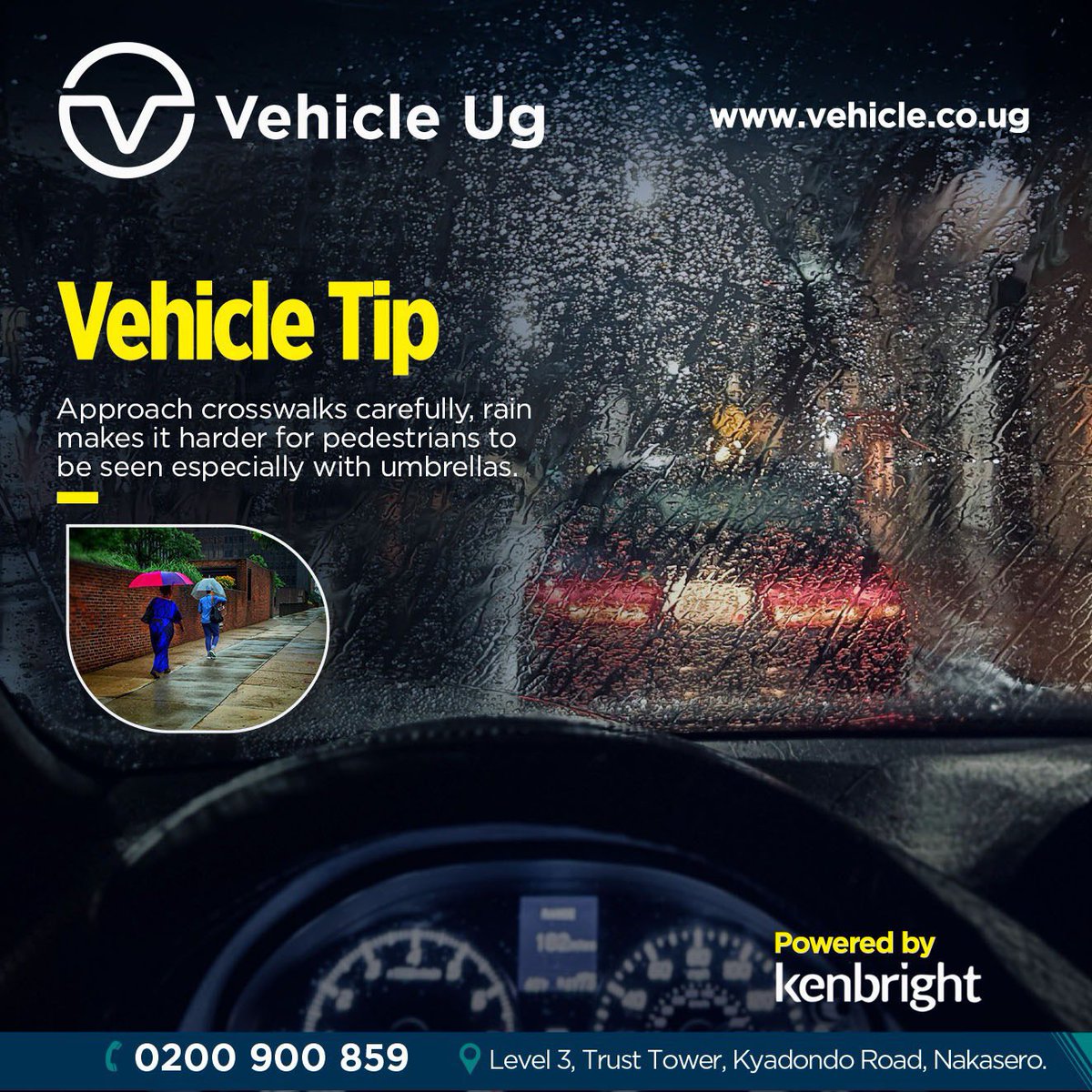 Vehicle_UG's tweet image. Rain and umbrellas can reduce visibility for both pedestrians and drivers.

By slowing down and staying extra alert at crosswalks, we can help ensure safer rainy-day travels for everyone on the road.

#TheBrightSide #VehicleTip