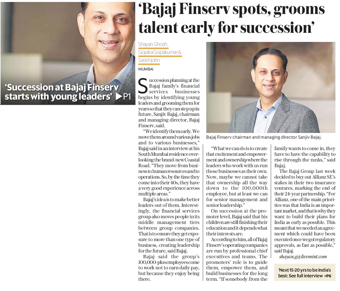"Bajaj Finserv spots, grooms talent early for succession": Sanjiv Bajaj, Chairman and Managing Director, Bajaj Finserv, in conversation with <a href="/livemint/">Mint</a>
