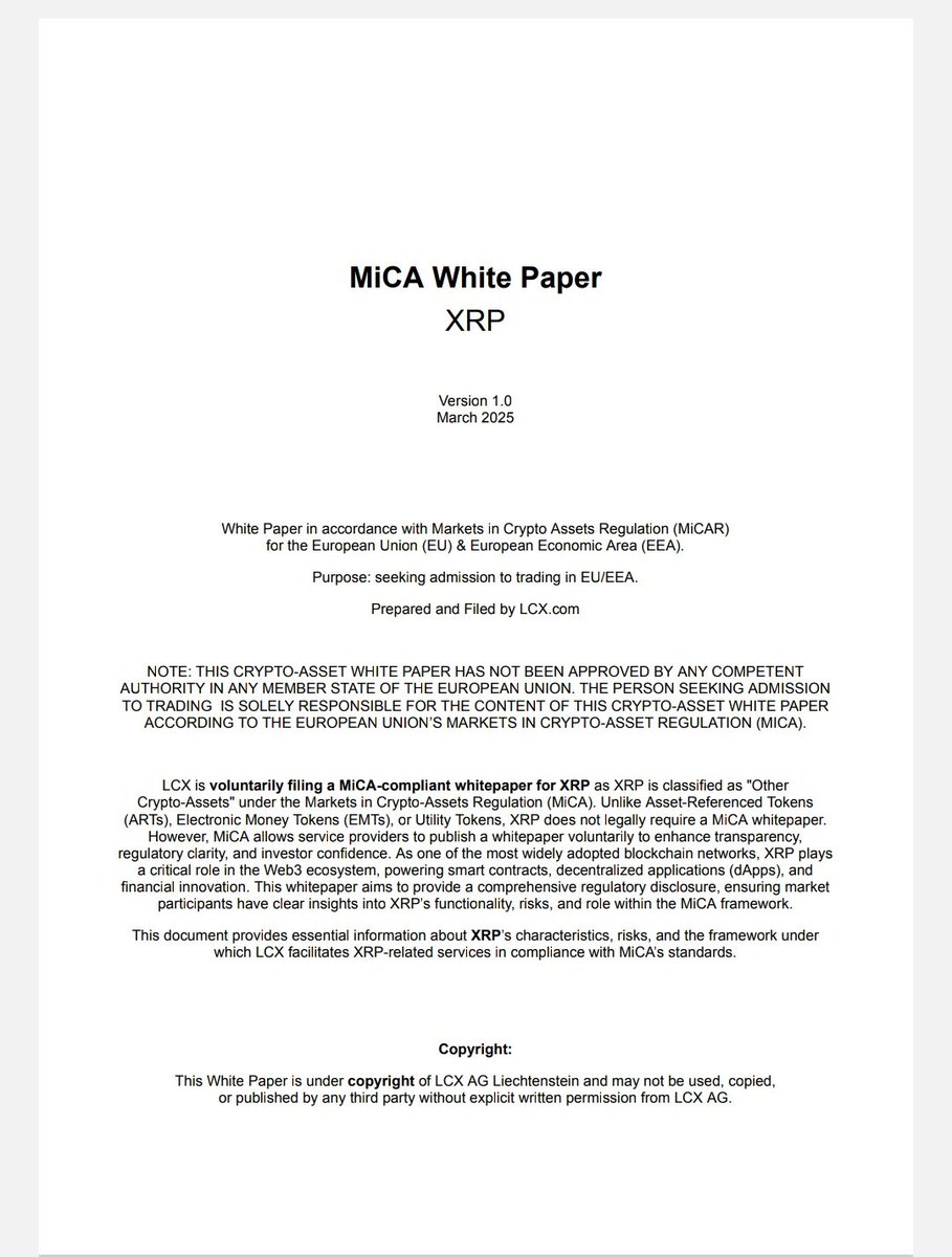 BREAKING 🚨🚨: #Crypto

 LCX Submits World's First MiCA-Compliant White Paper for #XRP, Now Listed in ESMA Register.
