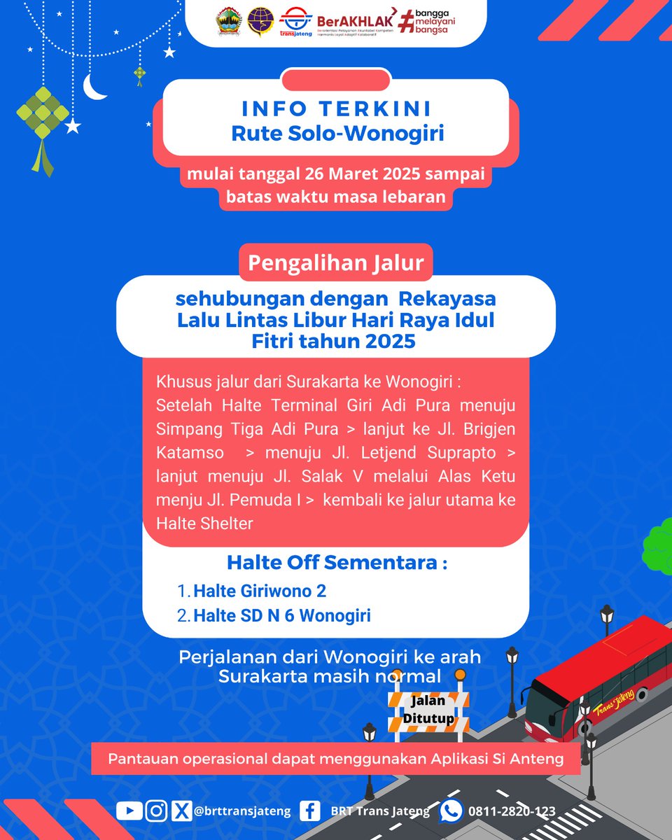 Info Terkini pengalihan rute Solo-Wonogiri. Mulai hari Rabu 26 Maret 2025, selengkapnya dapat dilihat pada infografis berikut ini 🙏🏻

<a href="/kominfo_jtg/">Kominfo Jateng</a> 
<a href="/perhubunganjtg/">Perhubungan Jateng</a>