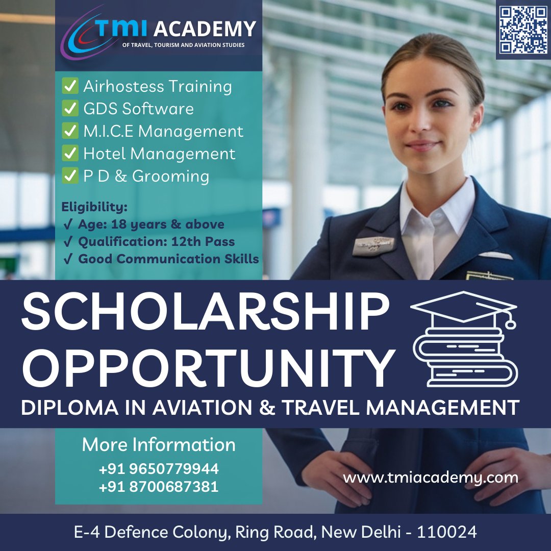 tmiacademy's tweet photo. 🚀 Scholarship Alert! 🚀

TMI Academy's Scholarship Program 2025 is here! 🎓
Pursue a Diploma in Aviation &amp; Travel Management and unlock global career opportunities.
✅ Airhostess Training ✈️
✅ GDS Software 💻
✅ M.I.C.E &amp; Hotel Management 🏨
✅ Personality Development 💡 https://t.co/ojdNkFugLa