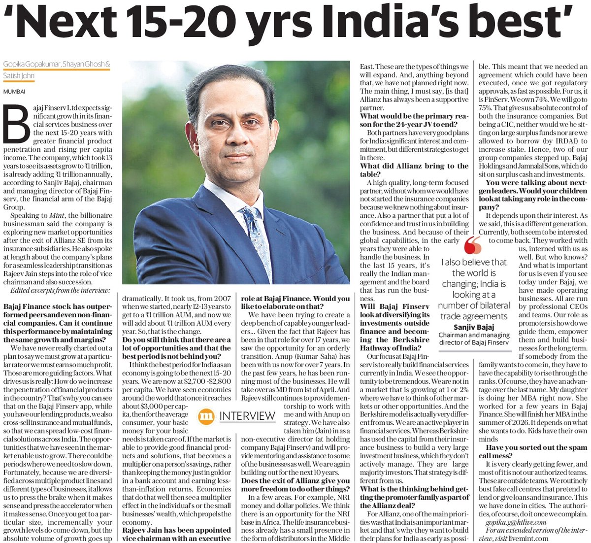 "Best period for India will be the next 15-20 years”: Sanjiv Bajaj, Chairman and Managing Director, Bajaj Finserv, in conversation with <a href="/livemint/">Mint</a>