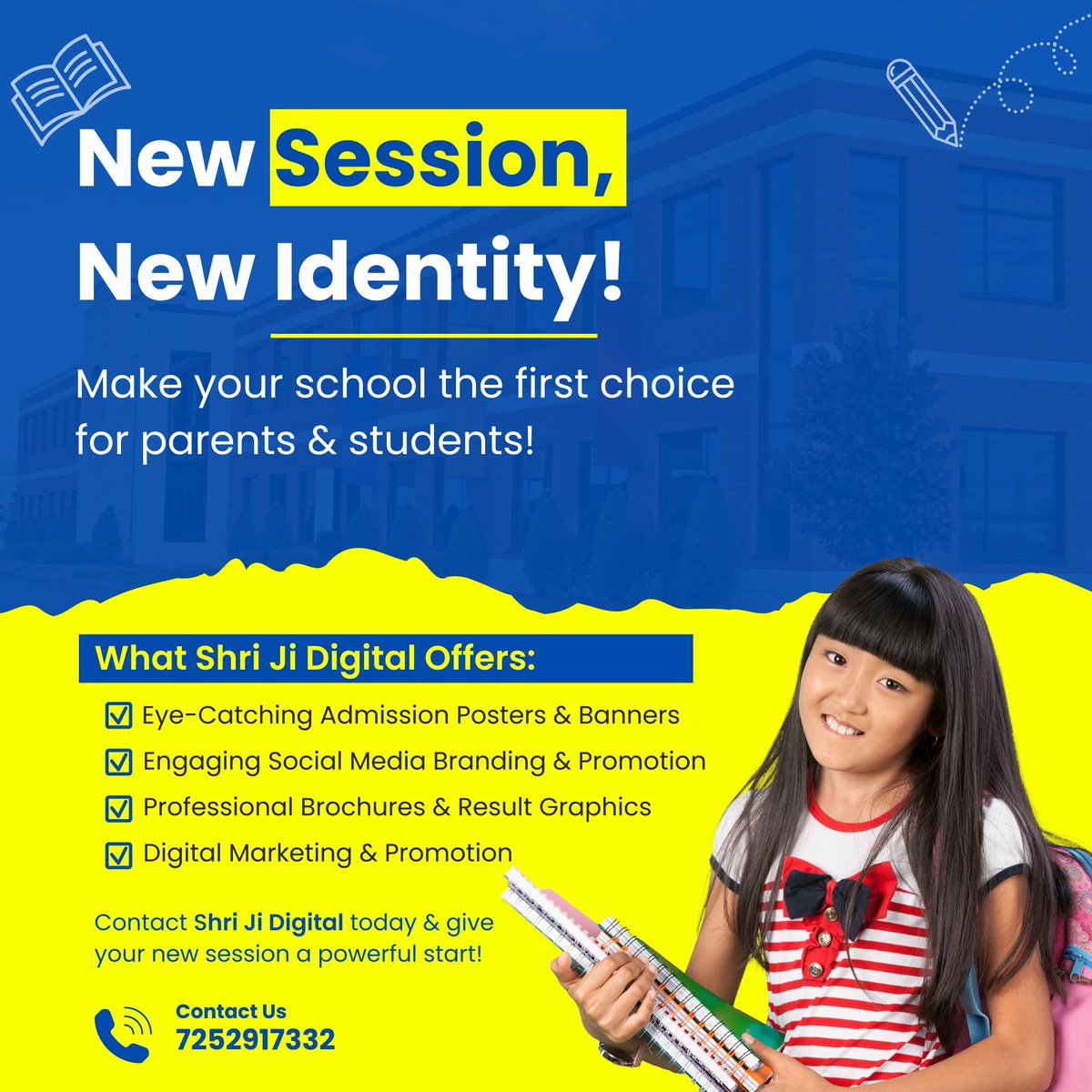 Shri_ji_Digital's tweet photo. Make your school’s branding stand out with professional graphic design &amp; social media management. From admission campaigns to result promotions, we help you engage students &amp; parents effectively! https://t.co/1snbcrByTr