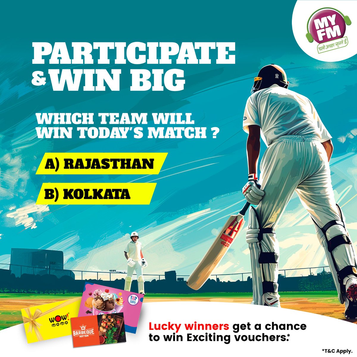 CONTEST ALERT!!  Gear up for the match! Participate &amp; win big!

 Follow the Rules*
1. Follow MY FM X handle
2. RT This Tweet 
3. Tag 5 People on the post 
4. Reply on the Post with Answer 
5. Like this Tweet  T&amp;C* Apply. 

#cricket #todaysmatch #ContestAlert #CricketFans