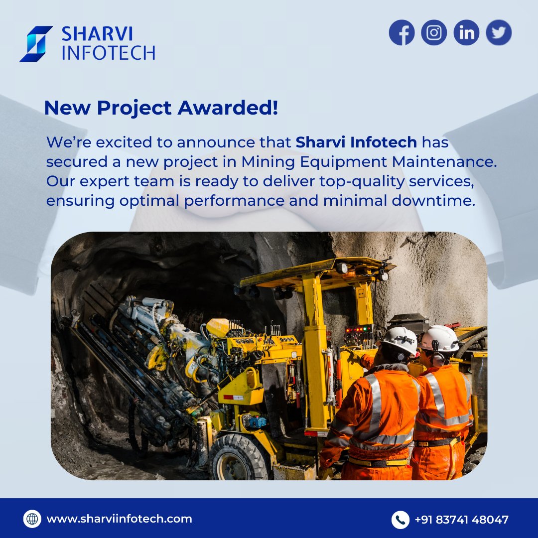 SharviInfotech's tweet photo. Exciting News!
Sharvi Infotech has been awarded a new project in Mining Equipment Maintenance! Our expert team is ready to ensure top performance and minimal downtime for all your equipment needs. Stay tuned for more updates!
#Mining #EquipmentMaintenance #NewProject #Innovation https://t.co/QrsTh2n9mQ