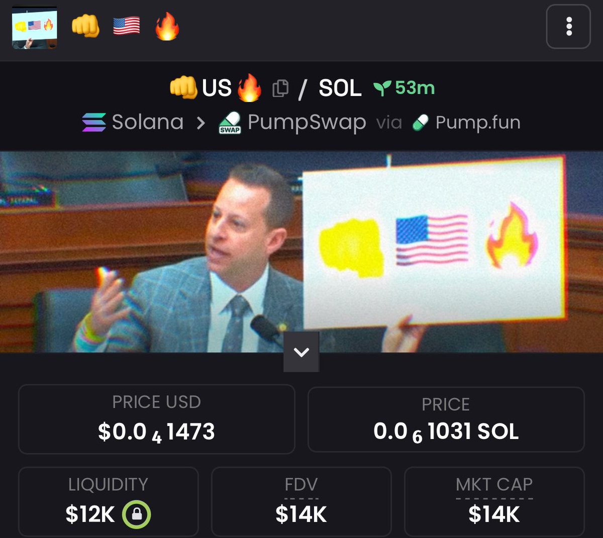 Paid dex here for the culture. I feel like, if this meme catches fire, it will spread like crazy. 

Personally it’s pretty bold for a government employee to put up some
emojis sign during the conference, but bullish on gen z culture 🤣

👊 🇺🇸 🔥