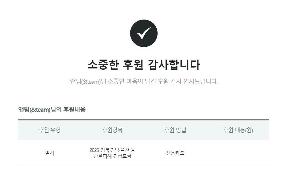 02doll_'s tweet photo. 전국재해구호협회 산불피해 긴급모금에 앤팀(&amp;team)의 이름으로 기부에 동참했습니다. 피해 지역 이웃분들이 하루빨리 일상으로 돌아갈 수 있기를 기원합니다.

📍희망브리지 산불 피해 긴급 모금
https://t.co/ifp04Q4kF0…

📍카카오 댓글 1000원 기부
https://t.co/EBOIuNQQKp https://t.co/gpwWegCv2X