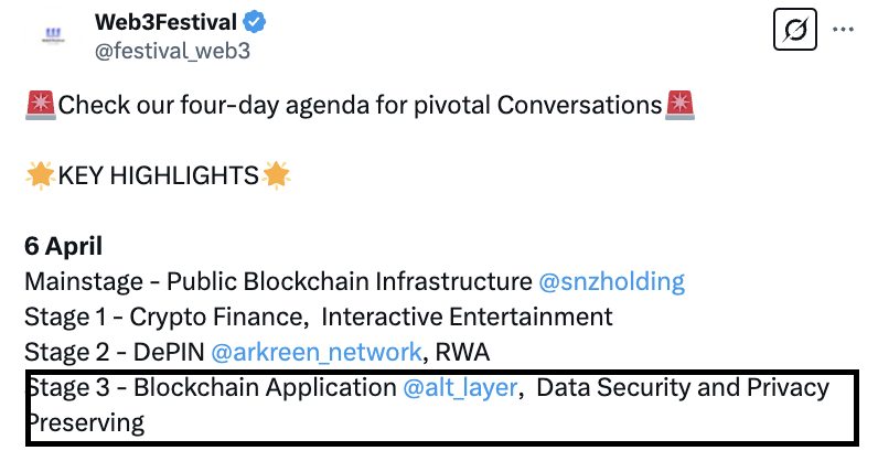Spotted on <a href="/festival_web3/">Web3Festival</a> agenda: AltLayer to rock main stage on 6 Apr. 

<a href="/HashKeyGroup/">HashKey Group</a> <a href="/WXblockchain/">Wanxiang Blockchain</a> 🙏