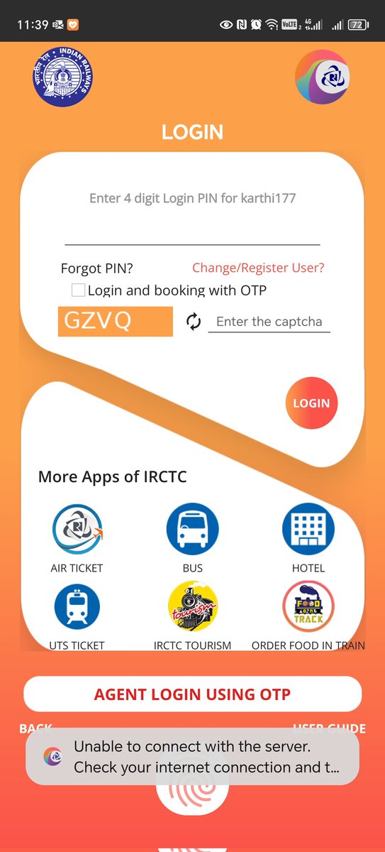 submutkar's tweet photo. @IRCTCofficial App not working, showing error as below https://t.co/GDKsHfqVK2