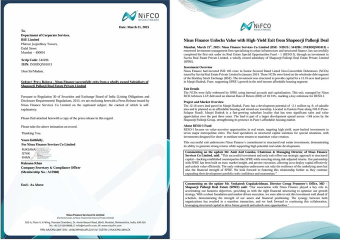 FarrandC24105's tweet photo. #Nisus Finance Services Co Limited has completed its first exit under the RESO-I fund with an 18.74% IRR on its ₹105 Cr investment in Suvita Real Estate, a subsidiary of Shapoorji Pallonji Real Estate. The investment supported a 12.16-acre affordable housing project in Pune. https://t.co/FjroCRKBte