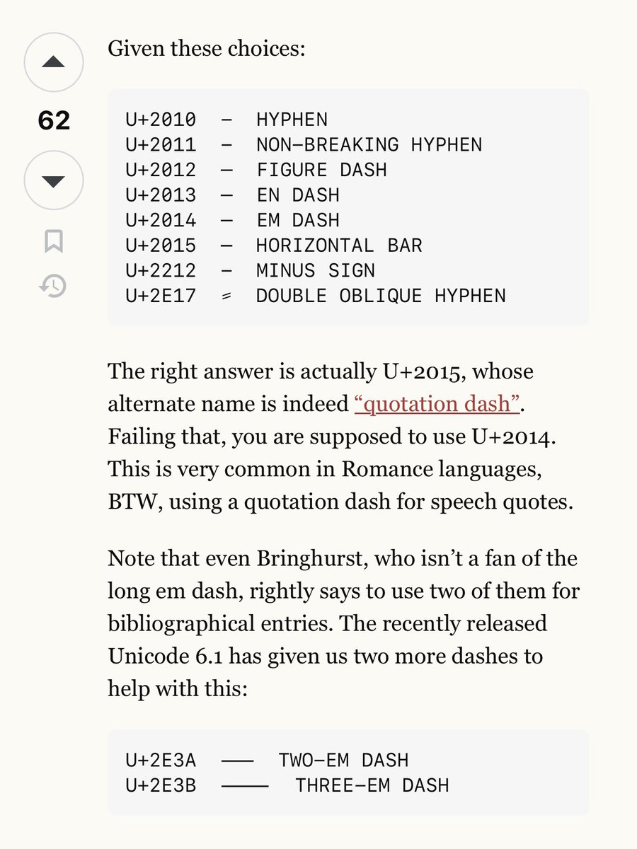 matthewcpaul's tweet image. Did you know there’s an appropriate, unique dash glyph to use when citing an author of a quote?
Well now you do! It’s called a Horizontal Bar (―)
And check out all of these other dash types!
↳ toptal.com/designers/html…
↳ english.stackexchange.com/questions/2860…