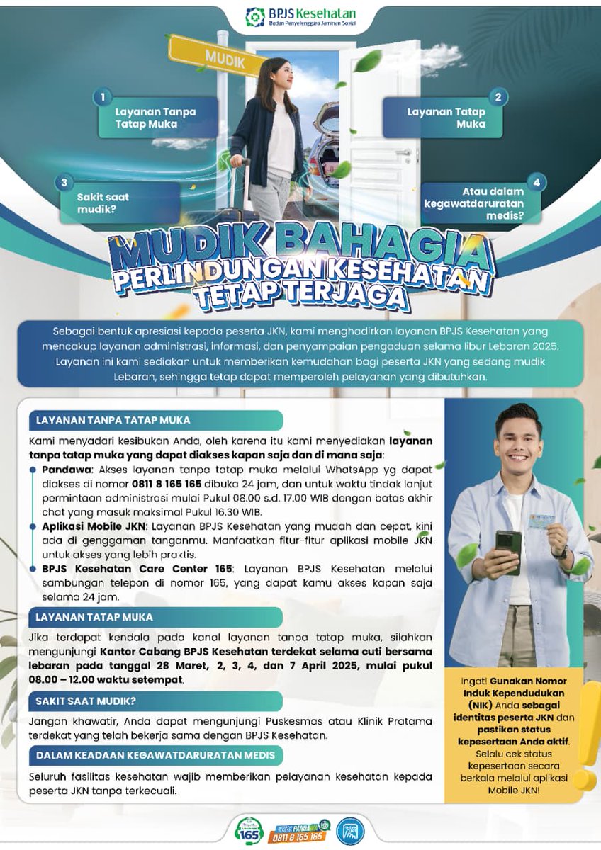 KominfoKotaTSM's tweet image. Barayaaa...Yuk kita simak informasi layanan BPJS Kesehatan selama libur lebaran tahun 2025..! jangan sampai salah informasi yaa..✨

#lebaran #bpjs @BPJSKesehatanRI