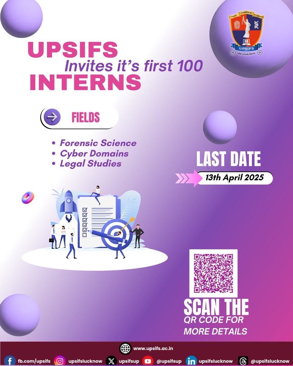 upsifsUp's tweet image. Future forensic minds, cyber warriors &amp;amp; legal eagles—UPSIFS is calling YOU! 
Apply for our first 100 internships now!
 Deadline: 13th April 2025
#upsifs #InternshipAlert #forensicscience #cybersecurity #legalstudies
@Uppolice 
@Igrangelucknow 
@NICFS_NFSU 
@RajivMa67691513