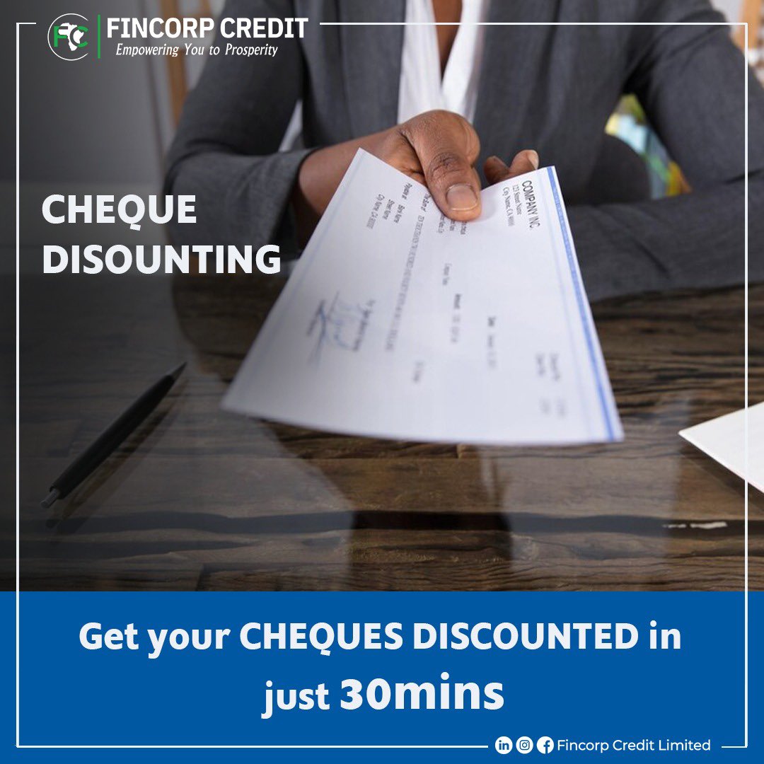 FinCorpCredit's tweet image. Get instant cash against issued current cheques in 30 minutes.

#cashout 
#chequediscounting
#fincorpcredit