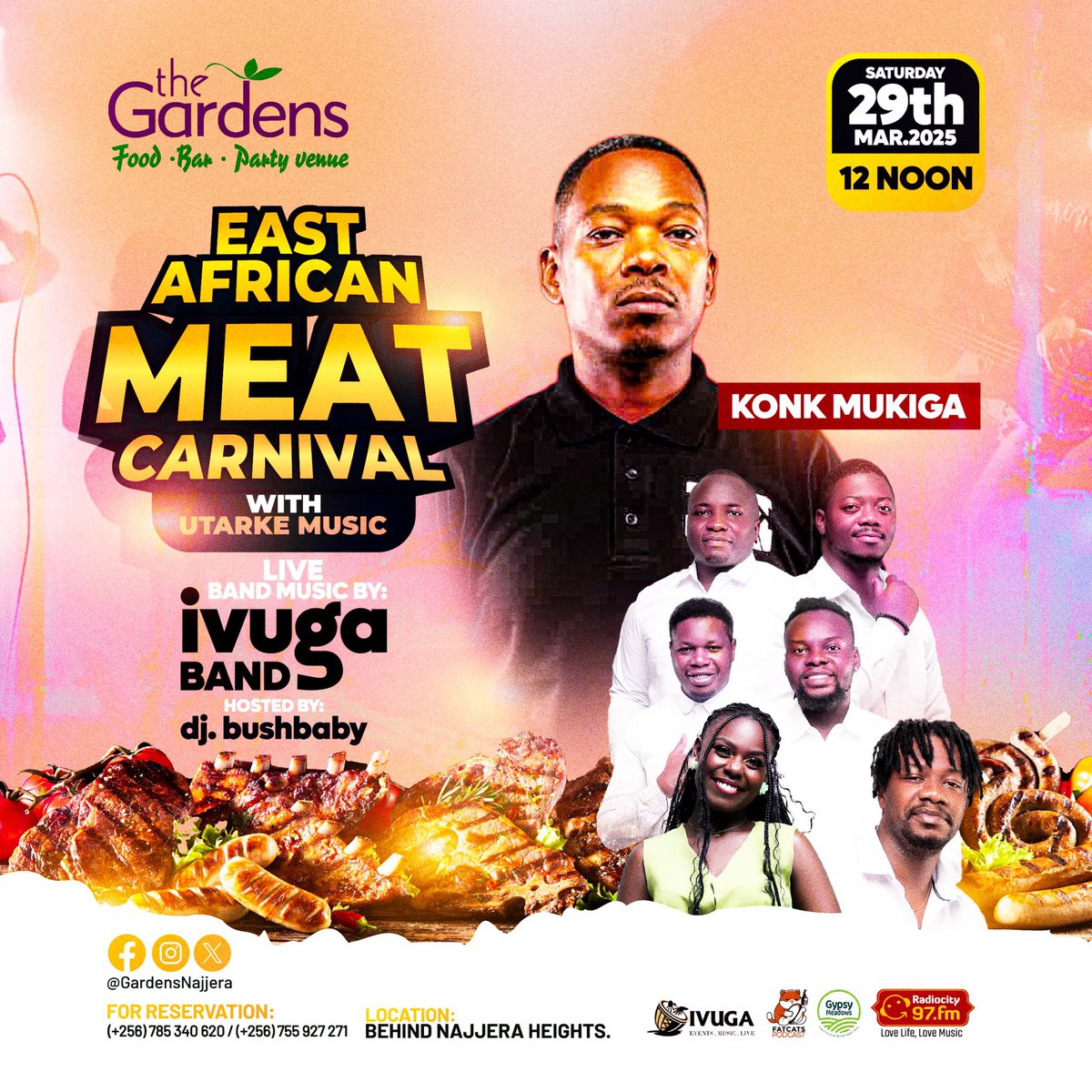 MushroomInc's tweet photo. This Saturday, the #EastAfricanMeatCarnival storms @GardensNajjera with a feast of succulent meat cuts to savor. @ivugaBand sets the vibe with soulful rhythms, before @djbushbaby, @konkmukiga, @JealousDeejay, and @DjAllanKanu1 ignite the night with electrifying #UTARKE beats! https://t.co/Gx7OHbjXzC