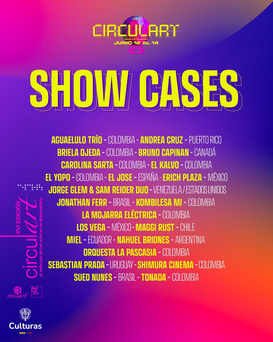 Artistas de doce países fueron seleccionados para <a href="/Circulart_/">CIRCULART</a> 2025 para sus presentaciones en vivo en nuestro festival showcase. Invitados a descubrir la escena vibrante de las músicas de iberoamerica