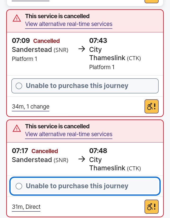 26.03.25 Multiple cancellations again from Sanderstead at rush hour. Every day is the same. <a href="/CPhilpOfficial/">Chris Philp MP</a> refuses to address on behalf of frustrated constituents. <a href="/BBCNews/">BBC News (UK)</a> <a href="/KemiBadenoch/">Kemi Badenoch</a> <a href="/TLRailUK/">Thameslink</a> <a href="/SouthernRailUK/">Southern</a>