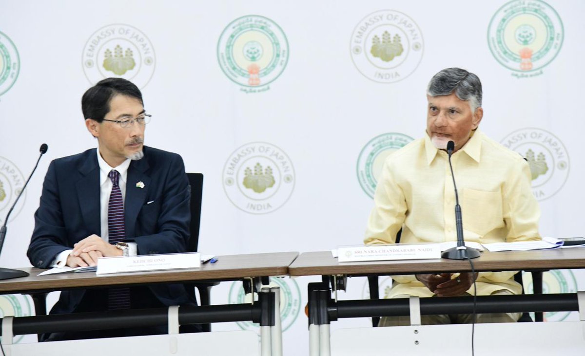 ncbn's tweet photo. Met with a delegation led by Japanese Ambassador H.E. Mr Keiichi Ono in Amaravati today. Our discussions focused on strengthening economic ties, expanding Japanese investments in Andhra Pradesh, and exploring collaborations across various sectors such as shipbuilding, electronics, chemicals, automobiles, and education to drive new opportunities for growth. @JapanAmbIndia @JapaninIndia