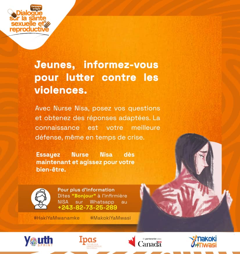 #HakiYaMwanamke
Jeunes, informez-vous pour lutter contre les violences. 🔎 Avec Nurse Nisa, posez vos questions et obtenez des réponses adaptées. 
wa.me/243827325289
La connaissance est votre meilleure défense, même en temps de crise. 💜
 #NurseNisa #StopViolence