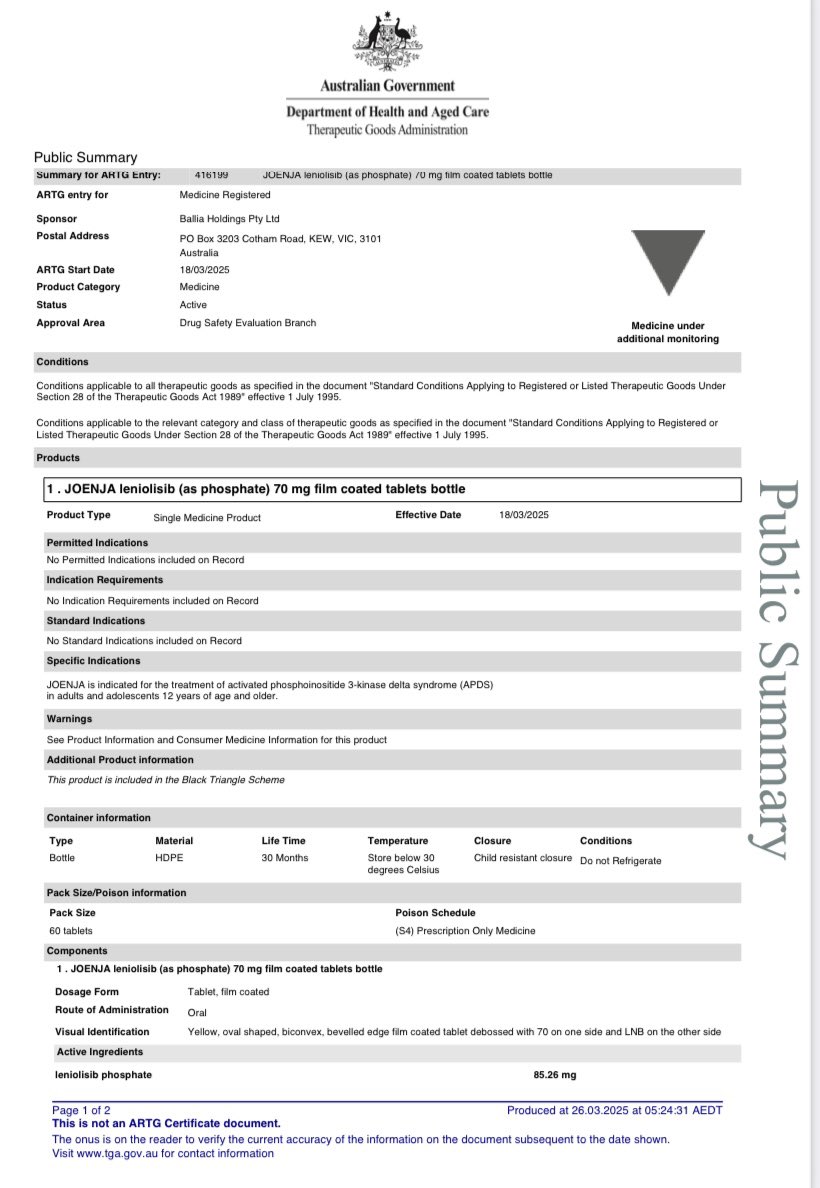 TGA approval for JOENJA leniolisib from #pharming for the use of #APDS treatment in #Australia.
Read the full document following the link below👇
tga.gov.au/resources/artg…
#biotech #investing $pharm #biotechnology #Medical #StocksToBuy #StocksToWatch #StocksToTrade