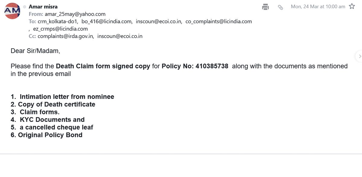 25mayAmar's tweet photo. @LICIndiaForever have submitted #Death_Claim_Form for #Policy410385738 to branch #BO_416 at bO_416@licindia.com due to demise of family member, #attested by #High_Court_Lawyer would be grateful if this is looked into with priority, appreciate your support @irdaindia @PMOIndia https://t.co/mR8wTi2PYL