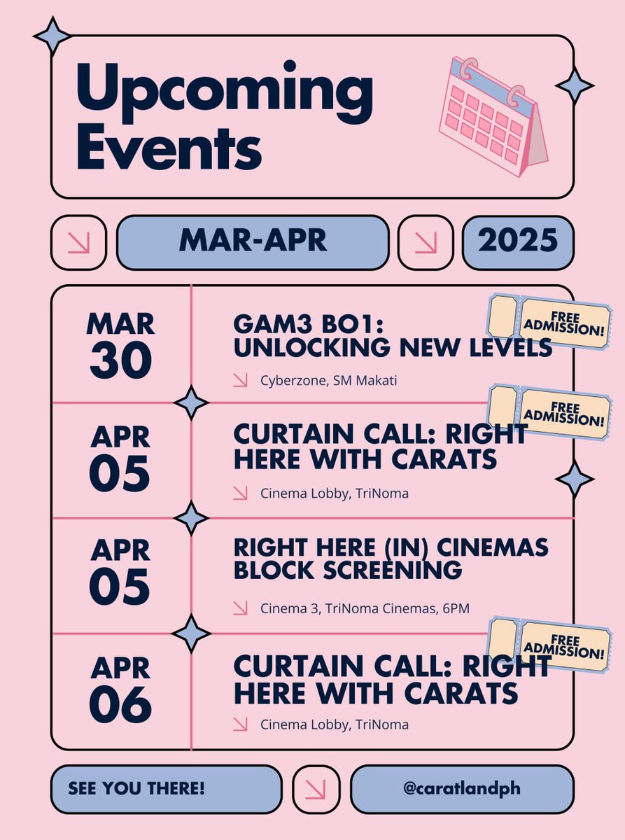 CaratLandPH's tweet photo. CARATs, your social calendars are about to get BUSY!
We've got few events coming for MAR-APR!
Get ready to meet & bond with your co-CARATs & create unforgettable moments! ๐
Mark your calendars NOW! โฅ๏ธ
#Gam3bo1Wonwoo #UnlockingNewLevels #CARATsCurtainCall #RighthHereinTrinoma https://t.co/MAnyxVE9oE
