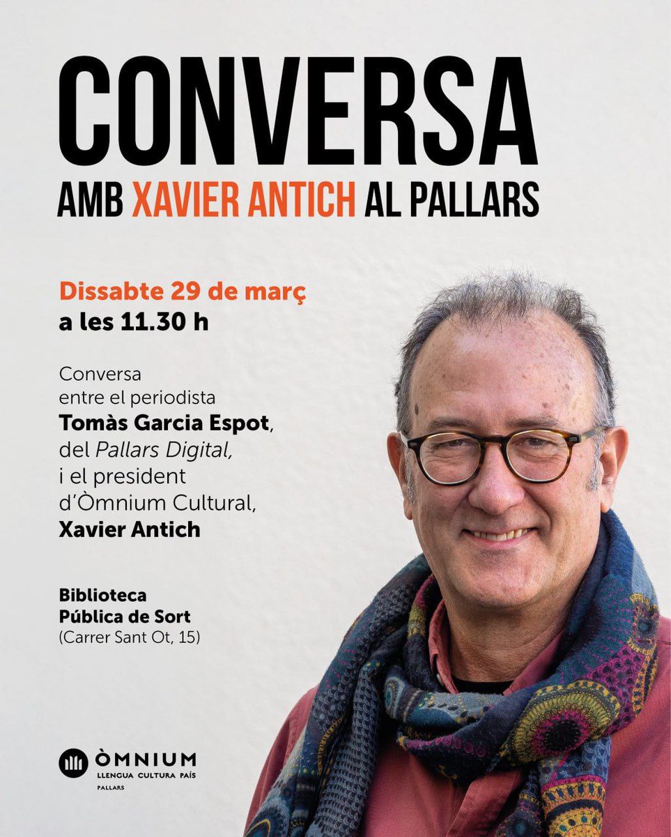 Conversa amb Xavier Antich al Pallars!

Dissabte 29 de març a les 11.30h, a la Biblioteca de Sort, parlarem del moment que vivim, la llengua i el paper de la societat civil amb <a href="/XavierAntich/">Xavier Antich</a> i Tomàs Garcia.

Un espai per escoltar, reflexionar i compartir.

<a href="/omnium/">Òmnium Cultural</a> <a href="/OmniumPallars/">Òmnium Pallars</a>