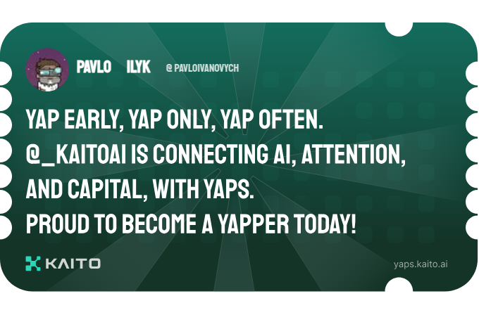 pavloivanovych's tweet photo. Yap early, yap only, yap often.

@KaitoAI is connecting AI, attention and capital with Yaps.

Just claimed my social card and I'm accumulating Yap points in real-time.

Claim yours 👉 https://t.co/ZMfjHO3aA6 https://t.co/jsWHtfsMZV