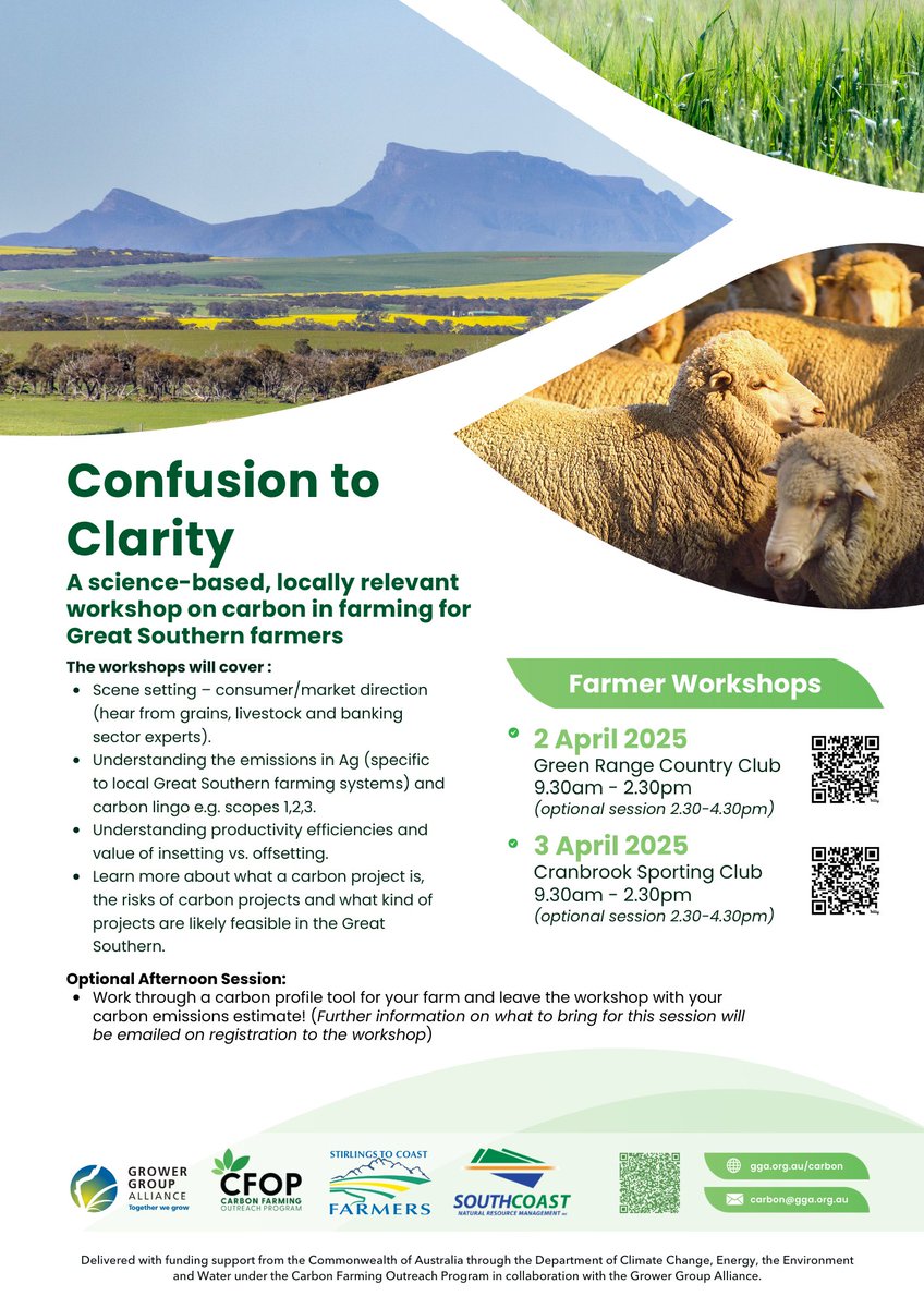 DON'T FORGET! Our FREE Workshops on Carbon in Farming for Great Southern farmers are NEXT week! These workshops break down all the info that farmers need to understand what all the talk is about. Details in the flyer, RSVP via the QR codes...
