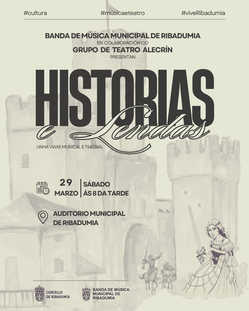 🎶 Este sábado, 29 marzo, ás 20:00h, tes planazo no Auditorio de Ribadumia! "Historias e lendas" é unha viaxe musical e teatral da <a href="/BMMpalRibadumia/">Banda Ribadumia (BMMR)</a>, con colaboración especial do Grupo de Teatro Alecrín. Pásate e desfruta! 🎭🎵  
#boamúsica #SonsDeRibadumia #viveRibadumia #cultura