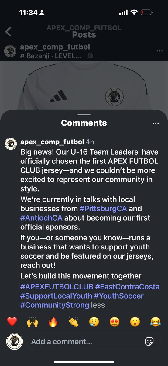ApexFutbol's tweet photo. Big news! Our U-16 Team Leaders have officially chosen the first APEX FUTBOL CLUB jersey—and we couldn't be more excited to represent our community in style.
We're currently in talks with local businesses from #PittsburgCA and #AntiochCA about becoming our first official sponsor. https://t.co/B5cxhKYCnS