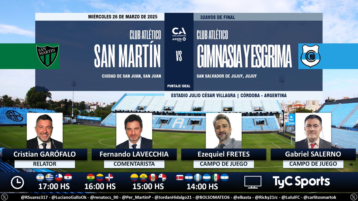 Puntaje Ideal (@puntaje_ideal) on Twitter photo β½ #CopaArgentina π¦π· | #SanMartΓnSJ vs. #GimnasiaJ
π Relator: <a href="/gatogarofalo/">cristian garofalo</a>
π Comentarista: <a href="/Ferlavecchia/">Fernando Lavecchia</a>
π Campo de juego: Ezequiel Fretes - <a href="/salernogabi/">Gabriel Salerno</a>
πΊ <a href="/TyCSports/">TyC Sports</a> π¦π· y <a href="/TyCSports/">TyC Sports</a> Internacional
π»π± <a href="/TyCSportsPlay/">TyC Sports Play</a> π¦π·
π€³ #CopaArgentinaEnTyCSports
Dale RT π β½ #CopaArgentina π¦π· | #SanMartΓnSJ vs. #GimnasiaJ
π Relator: <a href="/gatogarofalo/">cristian garofalo</a>
π Comentarista: <a href="/Ferlavecchia/">Fernando Lavecchia</a>
π Campo de juego: Ezequiel Fretes - <a href="/salernogabi/">Gabriel Salerno</a>
πΊ <a href="/TyCSports/">TyC Sports</a> π¦π· y <a href="/TyCSports/">TyC Sports</a> Internacional
π»π± <a href="/TyCSportsPlay/">TyC Sports Play</a> π¦π·
π€³ #CopaArgentinaEnTyCSports
Dale RT π