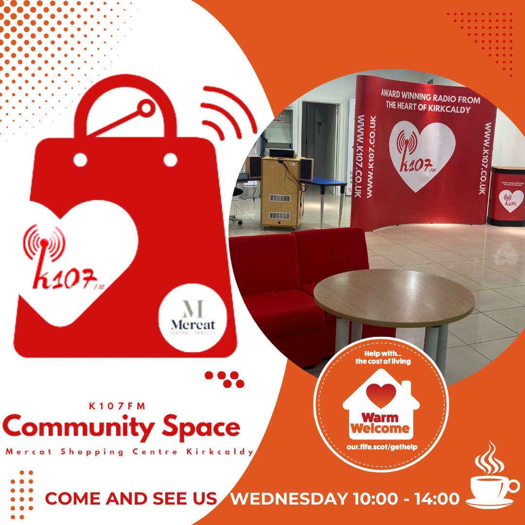 We're open for another 'Warm Welcome' in our Community Space within <a href="/mercatshopping/">Mercat Shopping</a> until 14:00

Find out about volunteering opportunities with K107FM and how YOU could get involved, or could there be ways we can work with your business or organisation? 

#GetHelpFife