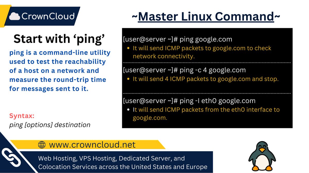 crownclouds's tweet image. Master Linux One Command at a Time - Test Connectivity: ping - Network Diagnostics Tool
#MasterLinux #LinuxCommands #PingCommand #NetworkDiagnostics #LinuxTips #TechTutorial #SysAdmin #Networking #LinuxCommunity #Ping #ConnectivityTest #LinuxLearning