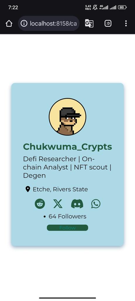 Chukwumacrypts's tweet image. #upcomingDevs
#myfirstcode
#hackathons
8th day coding with ACODE..
Did a Profile card 📝😊
Courtesy: @blockchainNAU @smartcoj_ @ChibuihemDon